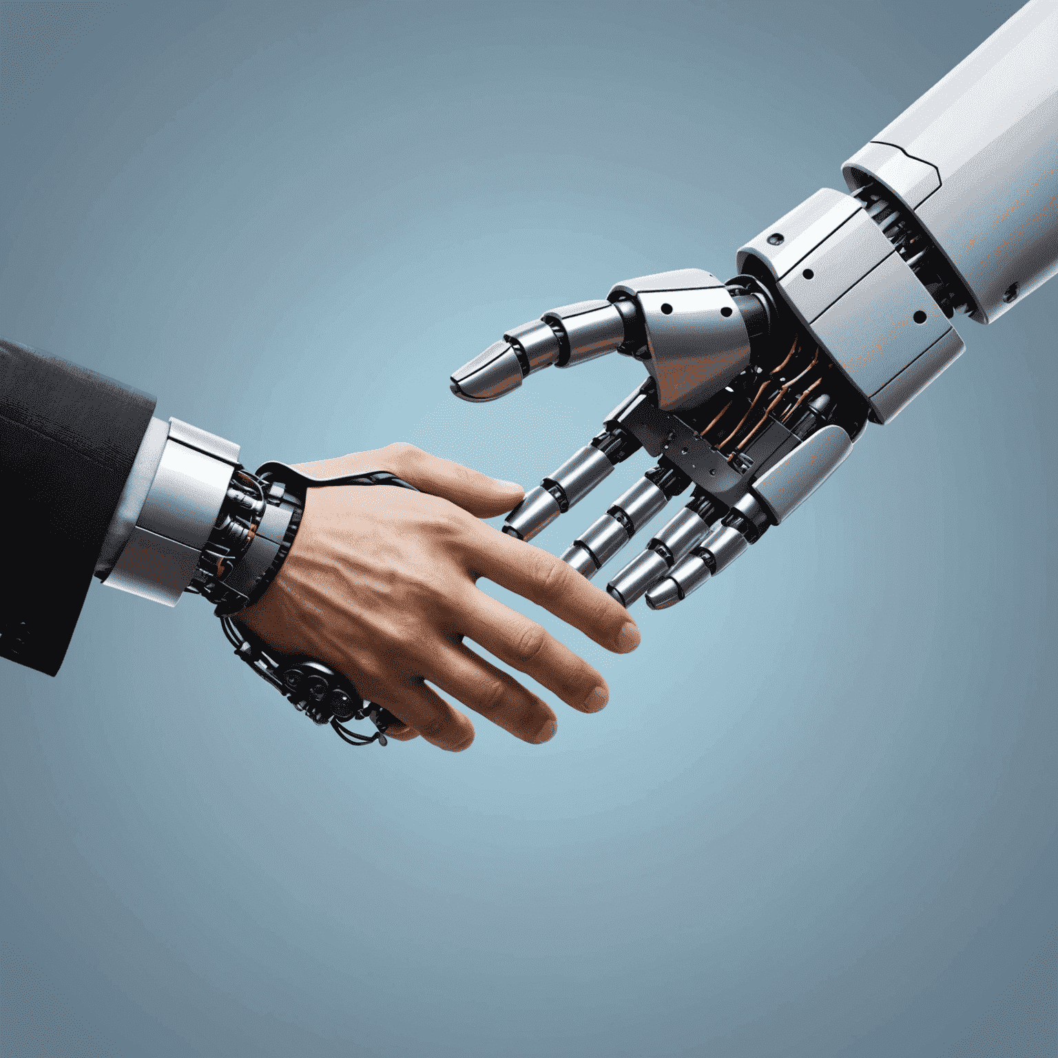 An illustration of a robot hand shaking a human hand, symbolizing the collaboration between artificial intelligence and human workers in business operations