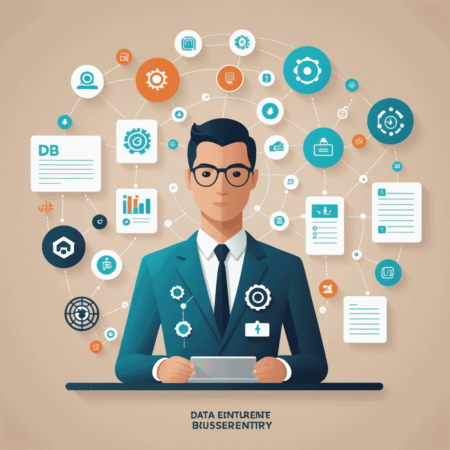 A visual representation of how AI can automate various business processes, with icons depicting tasks such as data entry, customer service, and financial reporting