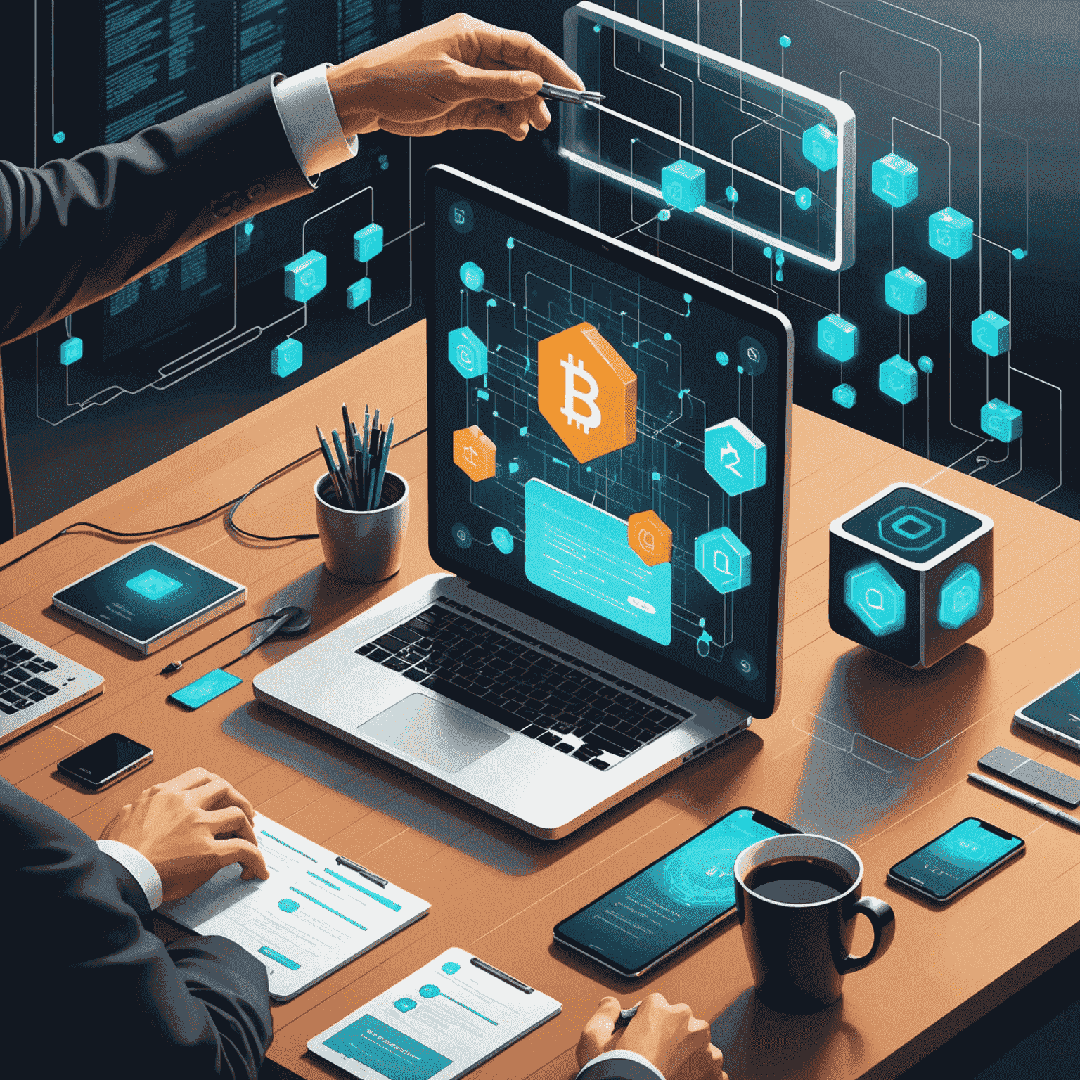 An illustration depicting the concept of blockchain technology being applied to business transactions, showcasing secure, transparent, and decentralized record-keeping.